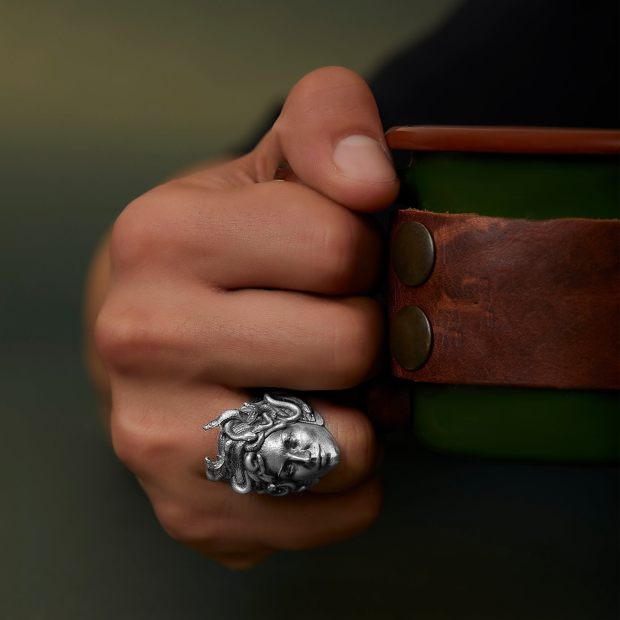 handmade sterling silver Gorgon Medusa Ring on the hand preview