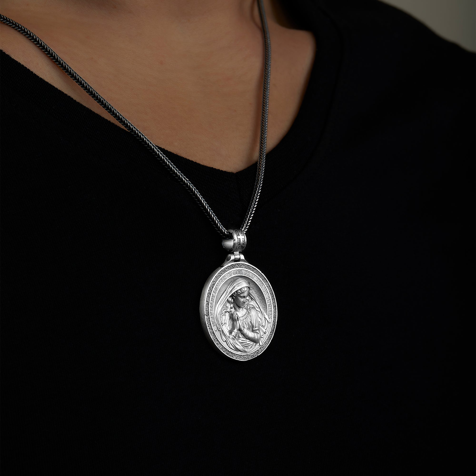 handmade sterling silver Holy Mary Necklace on the neck preview