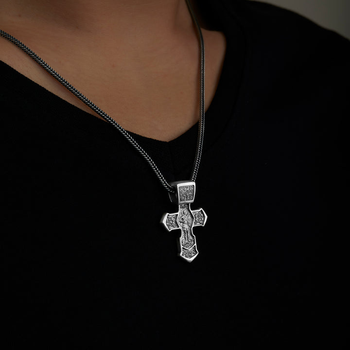 handmade sterling silver Jesus Christian Cross Necklace on the neck preview