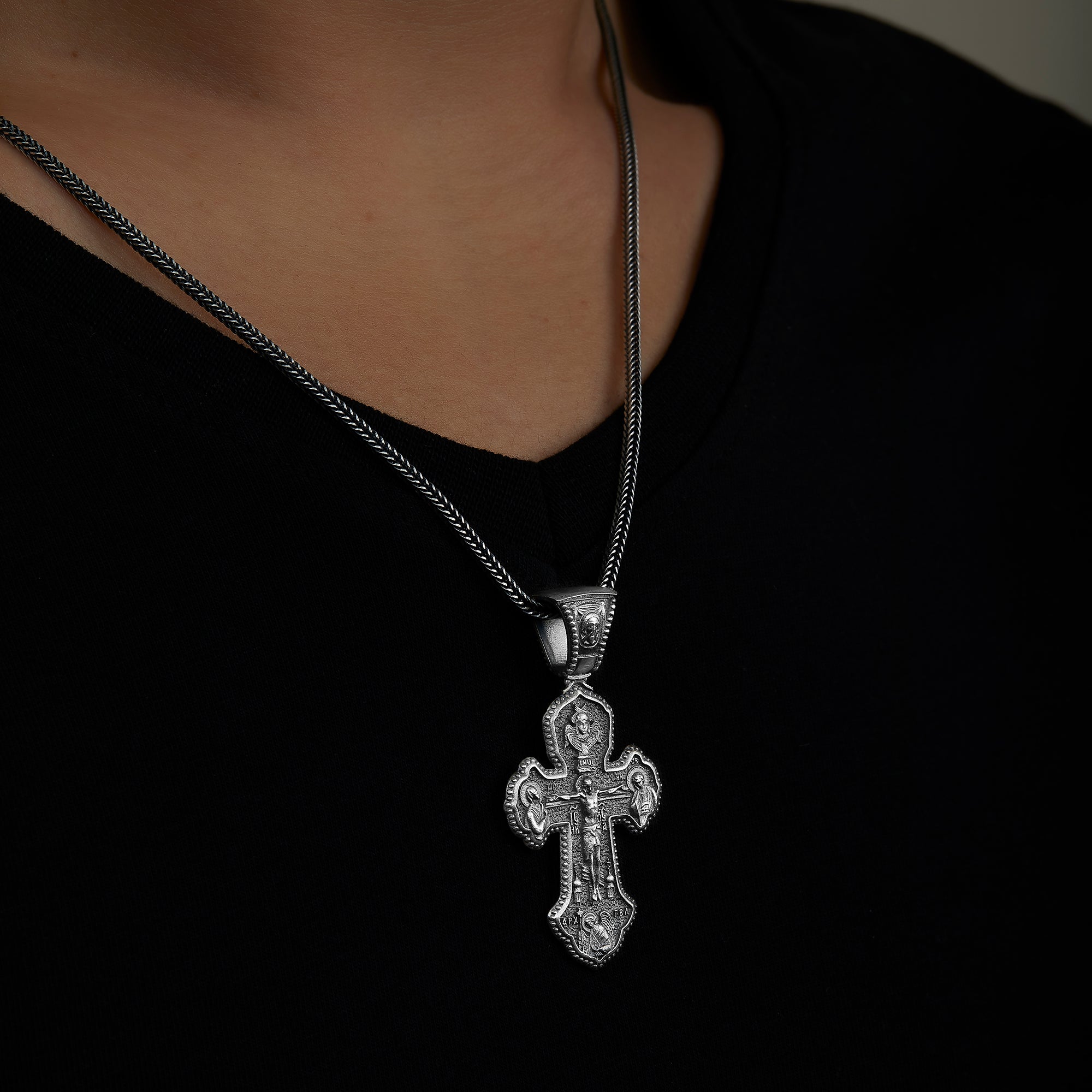 handmade sterling silver Jesus Christian Cross Necklace on the neck preview