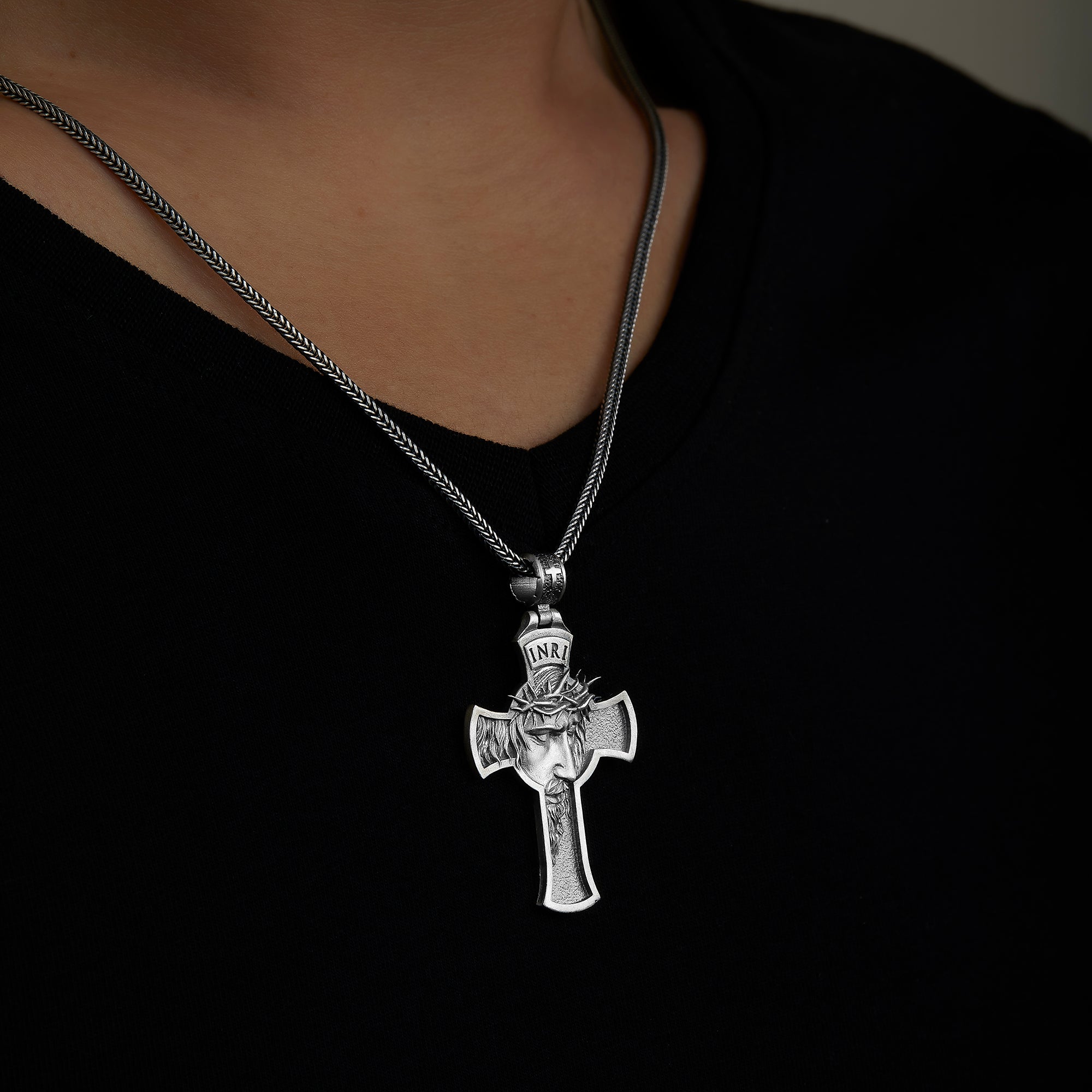 handmade sterling silver Jesus Face Cross Necklace on the neck preview