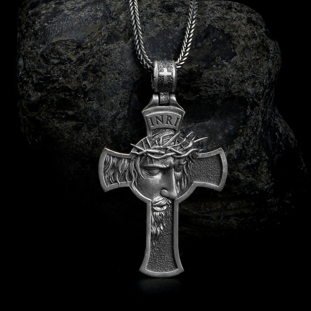 sterling silver Jesus Face Cross Necklace, religous necklace, christian.