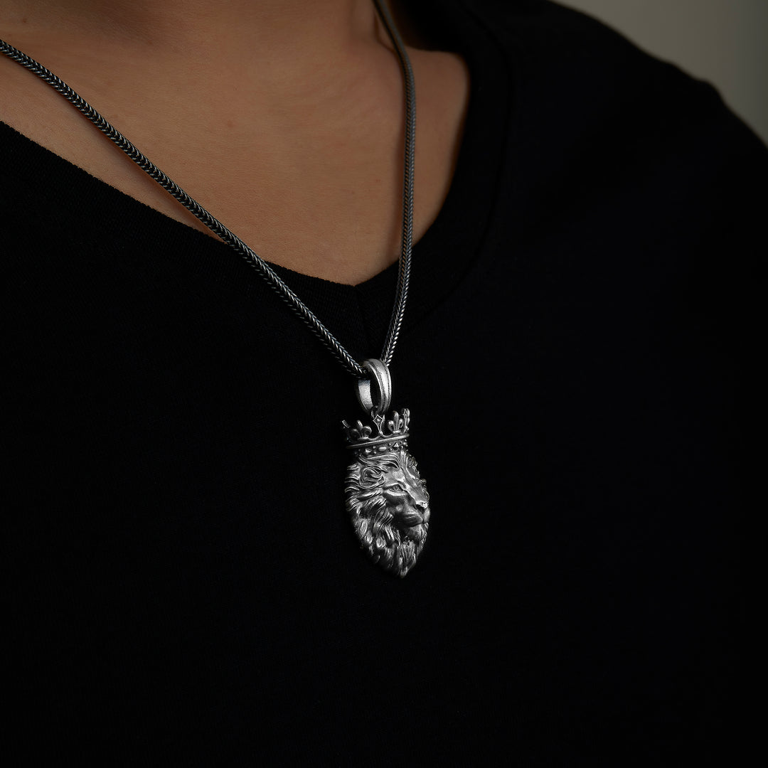 handmade sterling silver King Lion Necklace on the neck preview