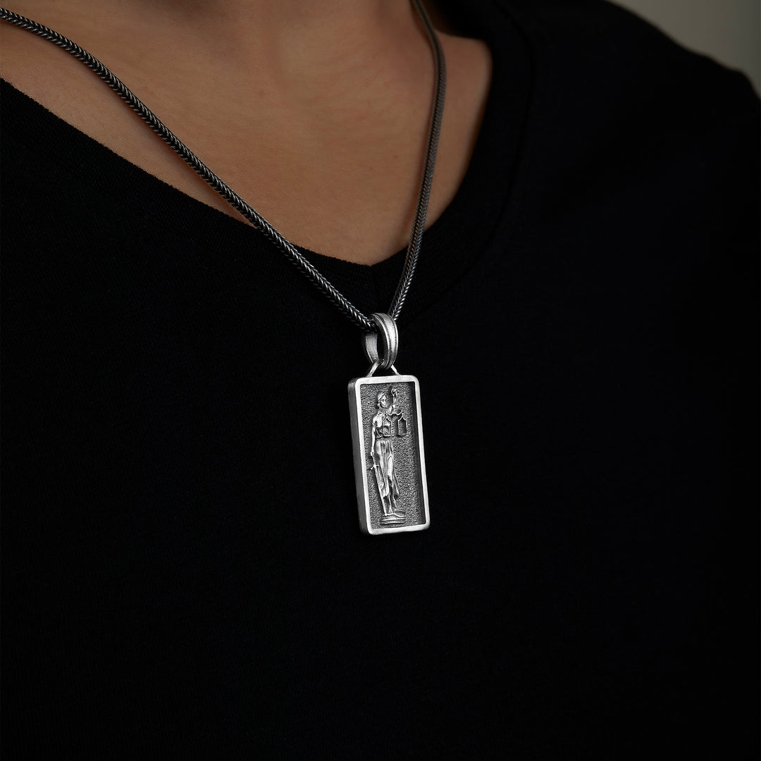 handmade sterling silver Lady Scale Of Justice Necklace on the neck preview