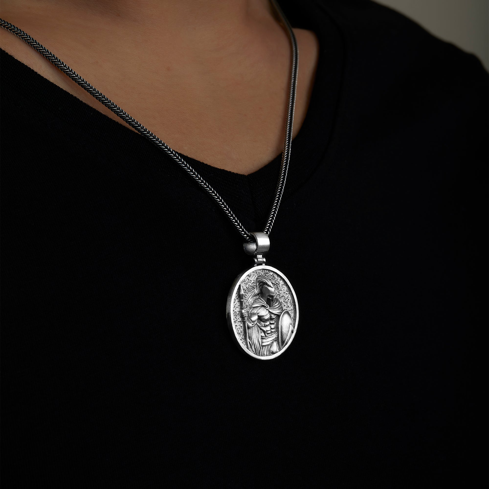 handmade sterling silver Leonidas Spartan Necklace on the neck preview