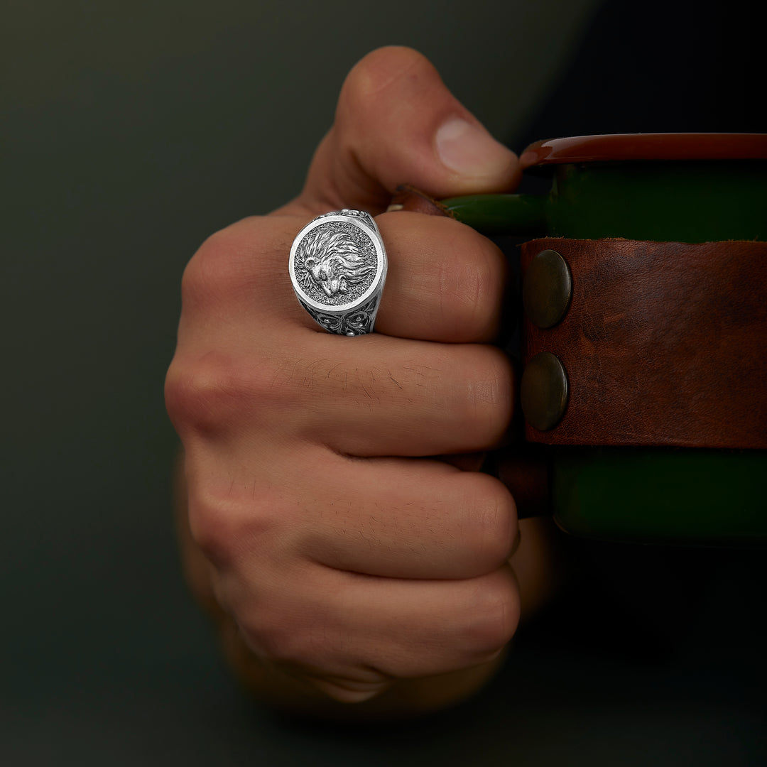 handmade sterling silver Lion Face Ring on the neck preview