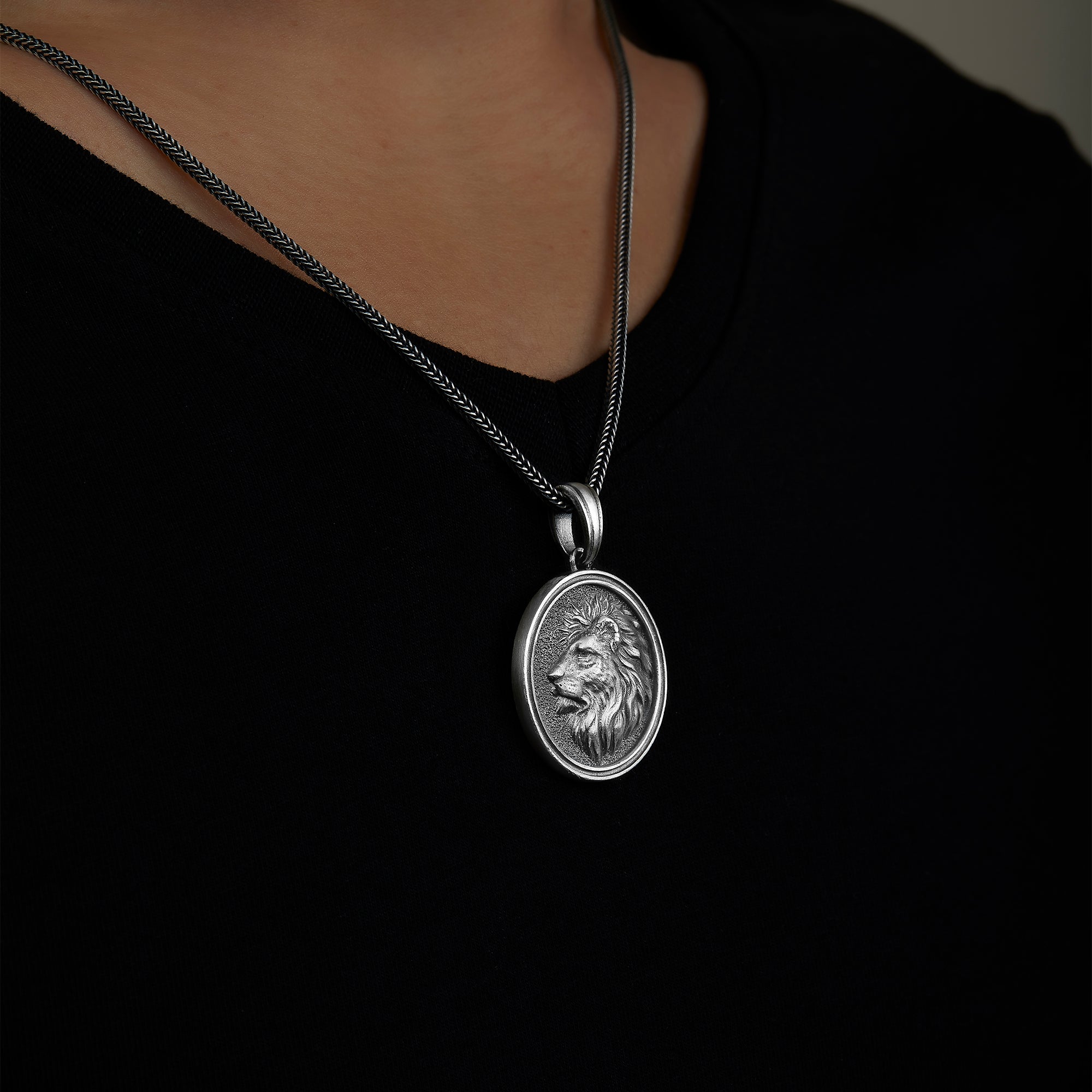 handmade sterling silver Lion Head Necklace on the neck preview