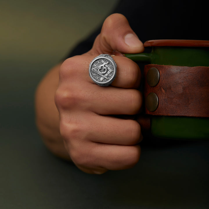 handmade sterling silver Master Mason Symbol Ring on the hand preview