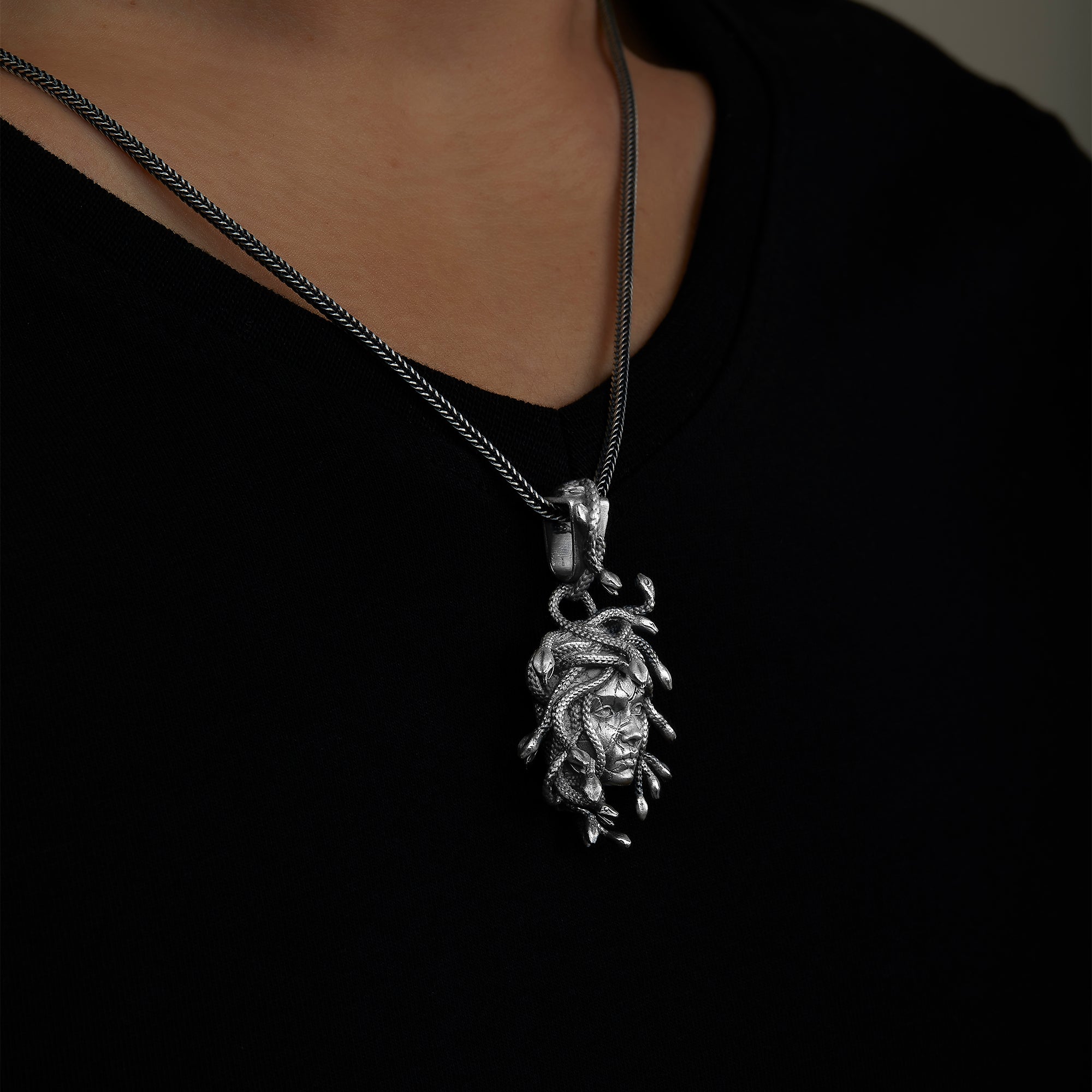 handmade sterling silver Medusa Snake Head Necklace on the neck preview