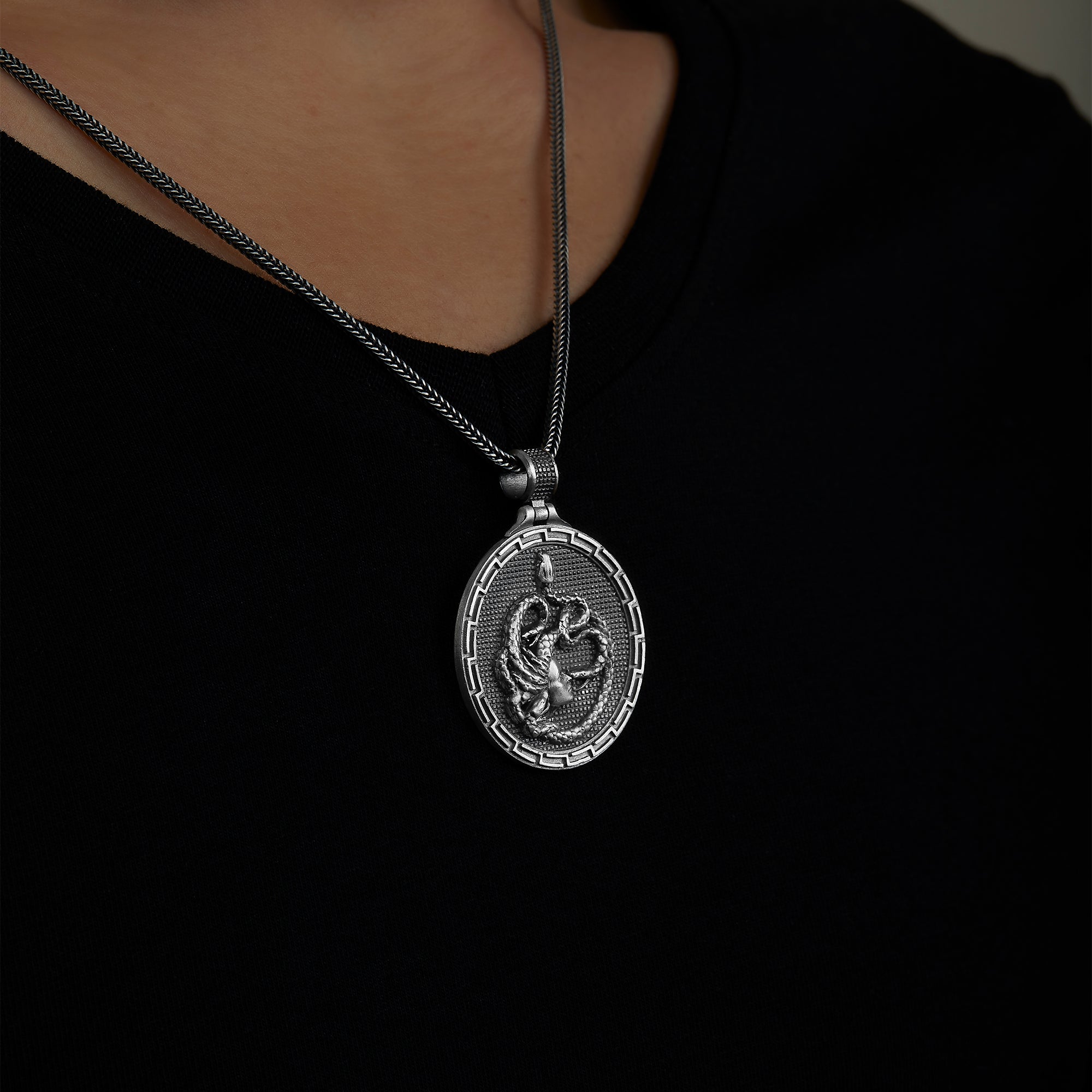 handmade sterling silver Medusa Snakes Necklace on the neck preview