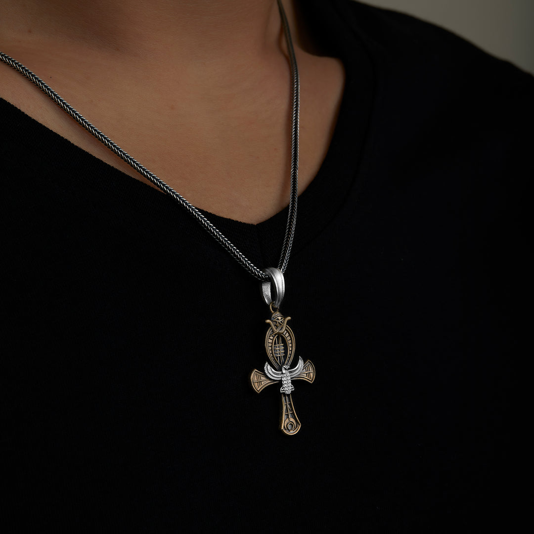 handmade sterling silver Nekhbet And Eye Of Ra Necklace on the neck preview