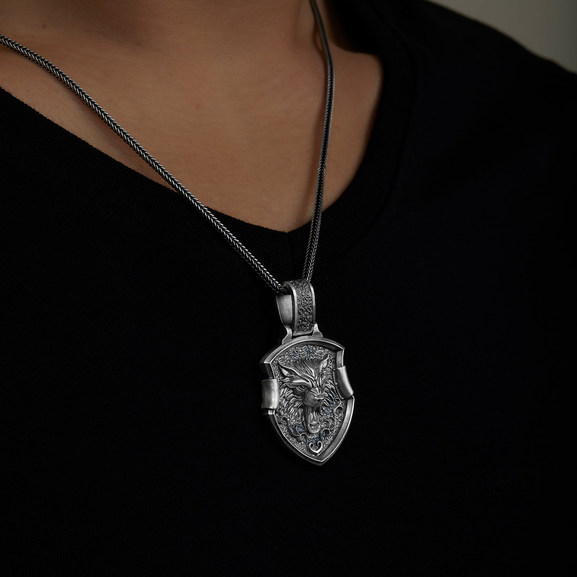 handmade sterling silver Pentagon Wolf Necklace on the neck preview