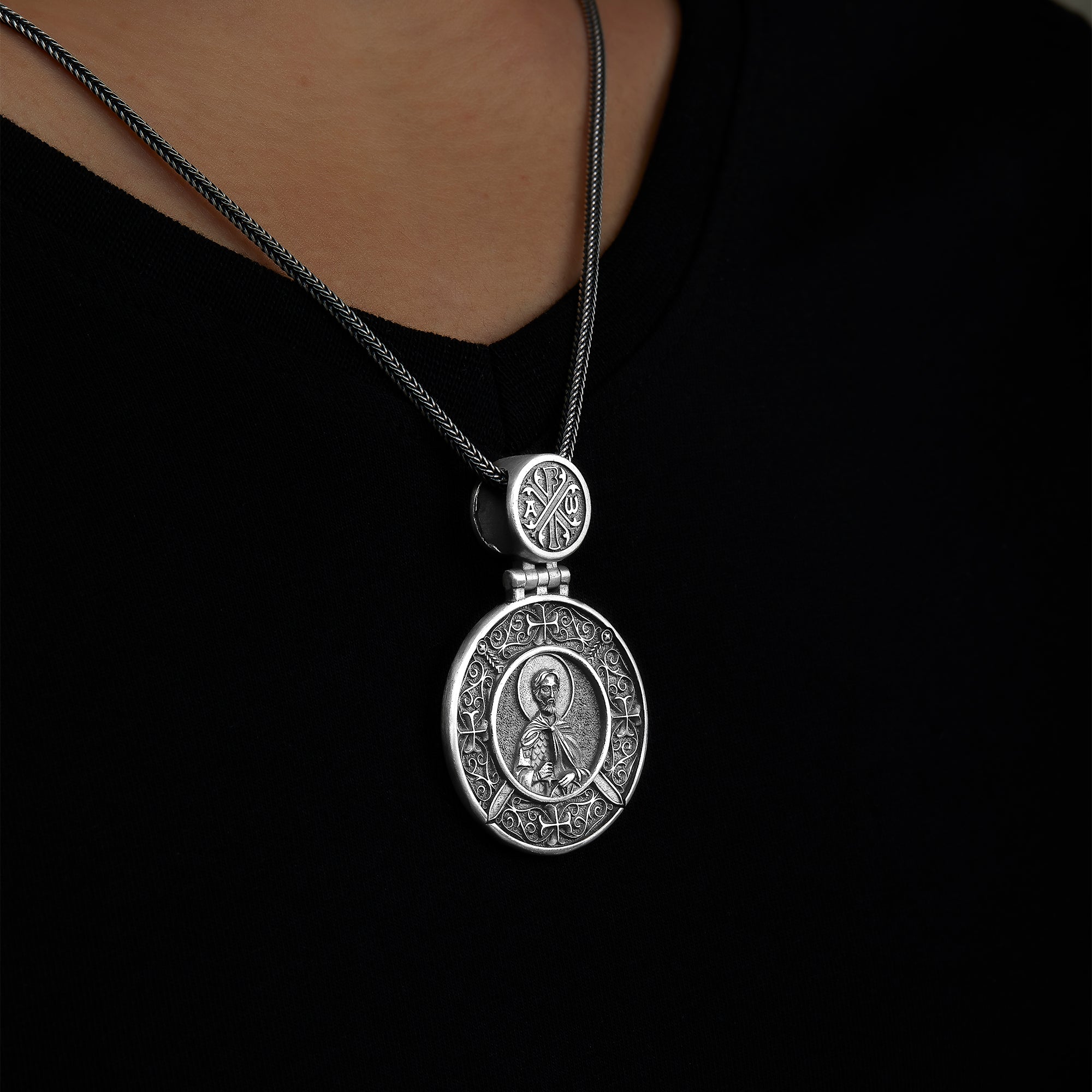 handmade sterling silver Saint Alexander Necklace on the neck preview