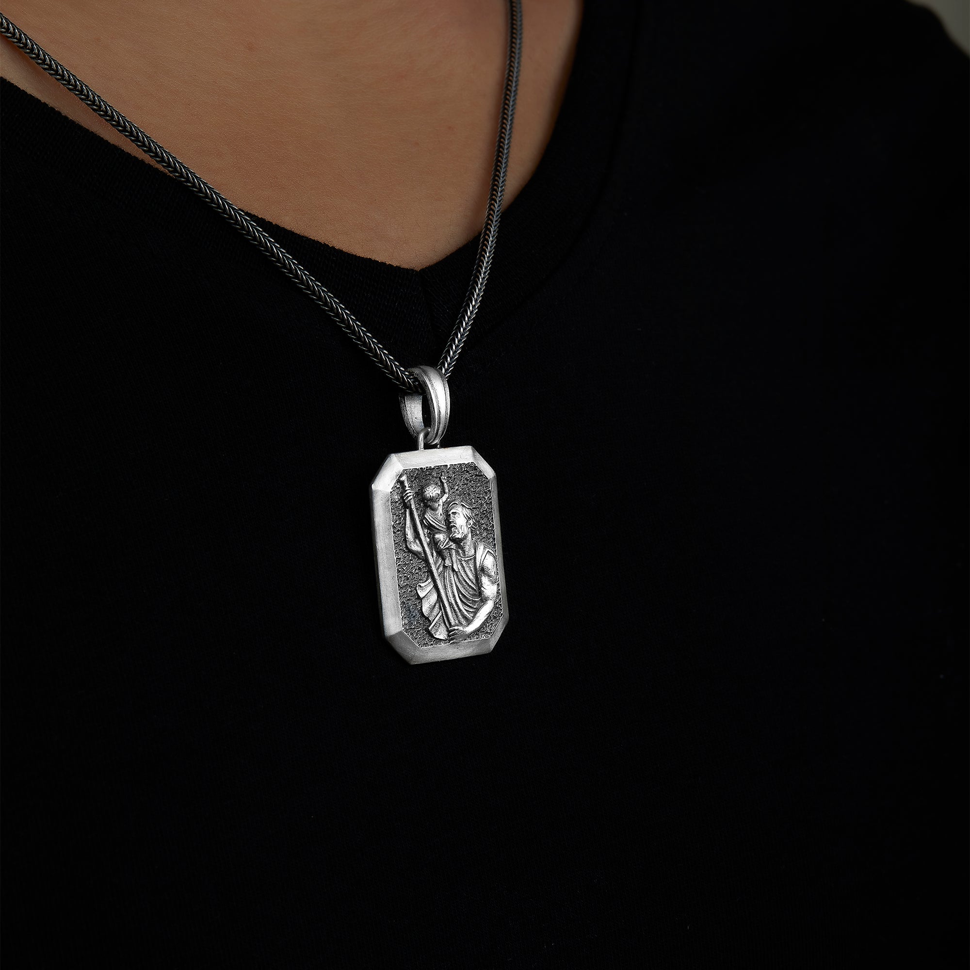 handmade sterling silver Saint Christopher Religious Necklace on the neck preview