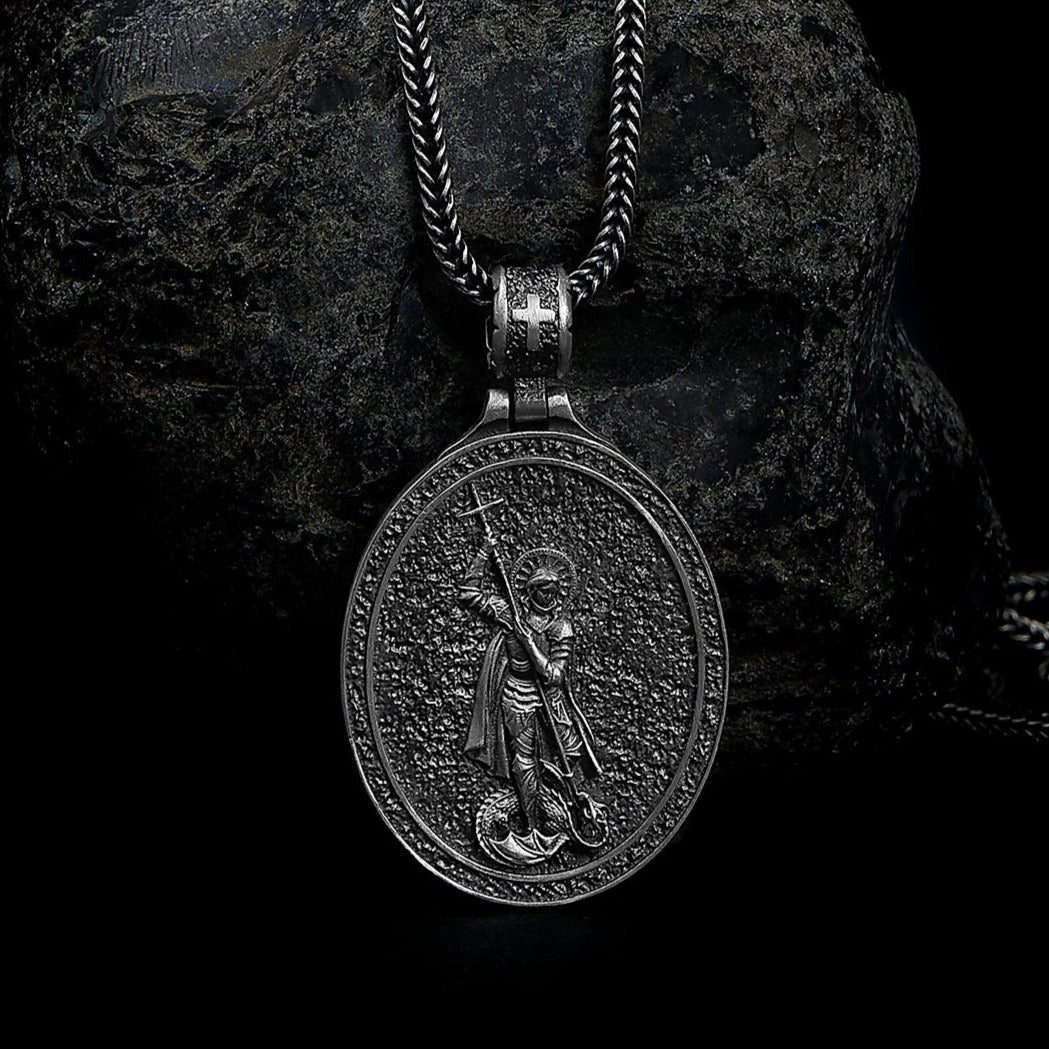 sterling silver Saint George Dragon Necklace, testament to bravery, perseverance, and unwavering faith
