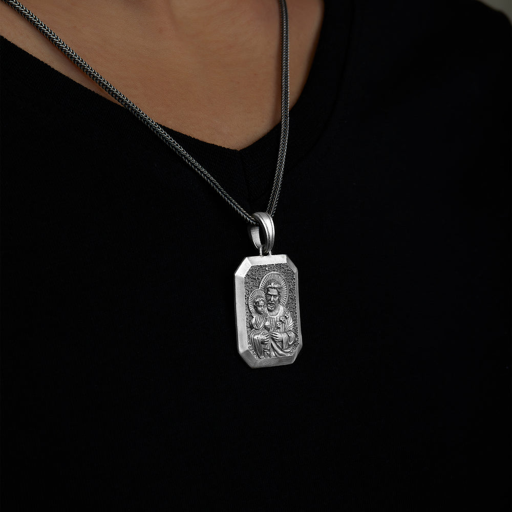 handmade sterling silver Saint Joseph Religious Necklace on the neck preview