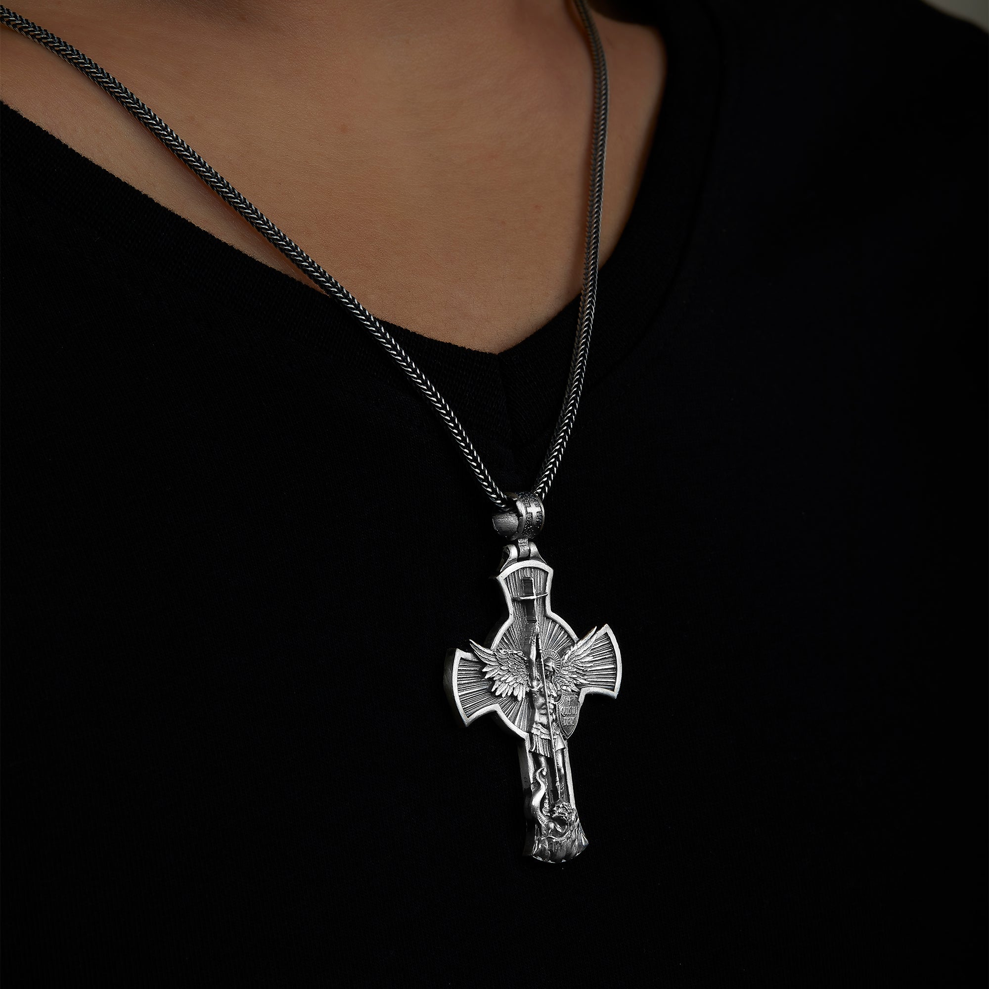 handmade sterling silver Saint Michael Cross Necklace on the neck preview