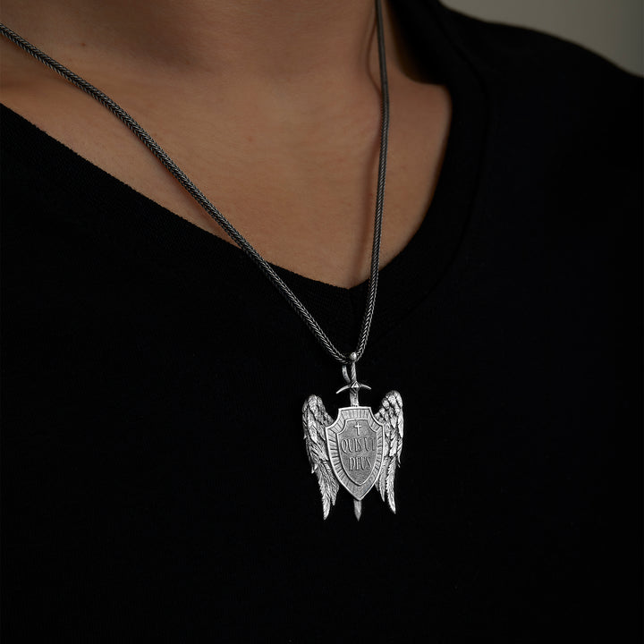 handmade sterling silver Saint Michael Shield Necklace on the neck preview