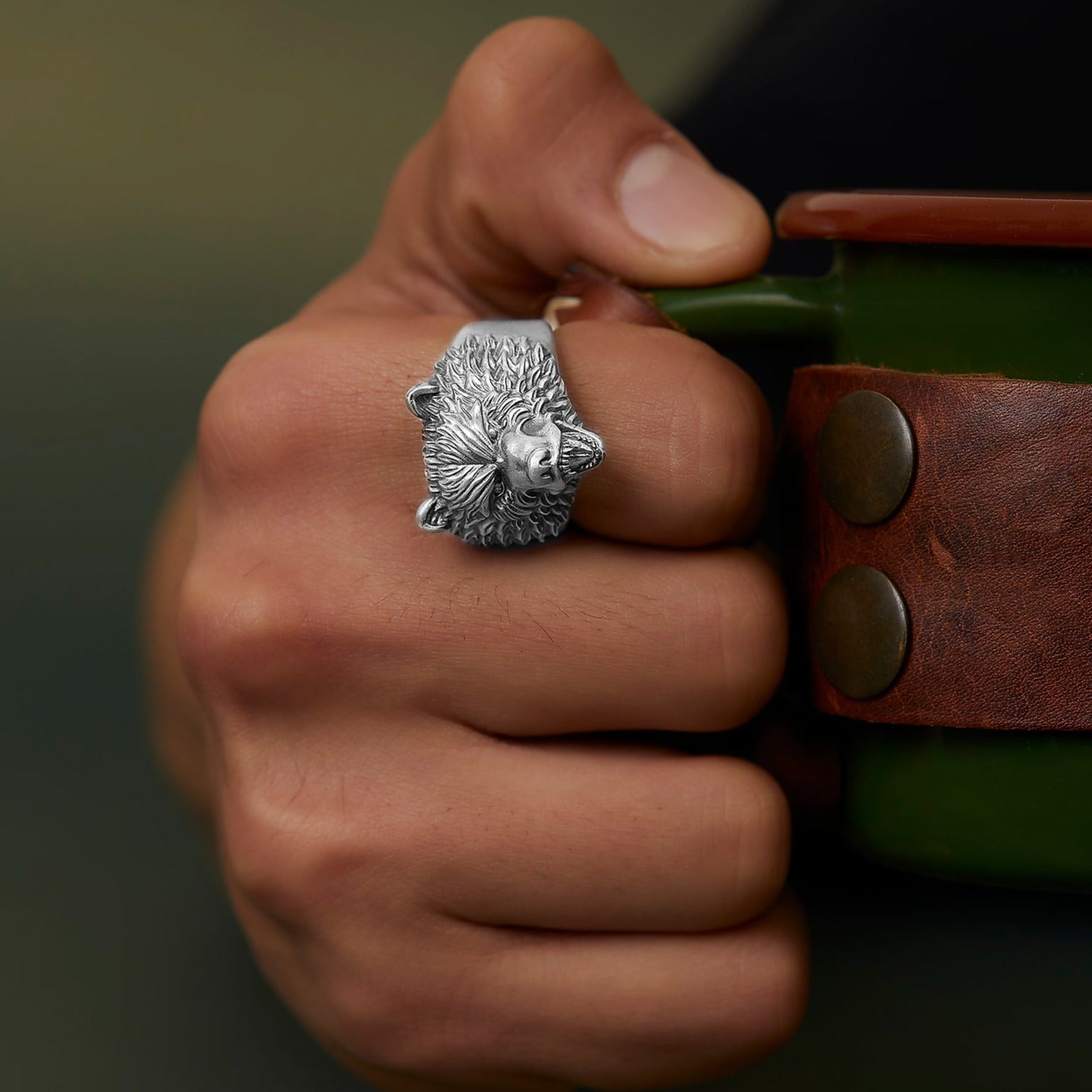 handmade sterling silver Scandinavian Bear Ring on the hand preview