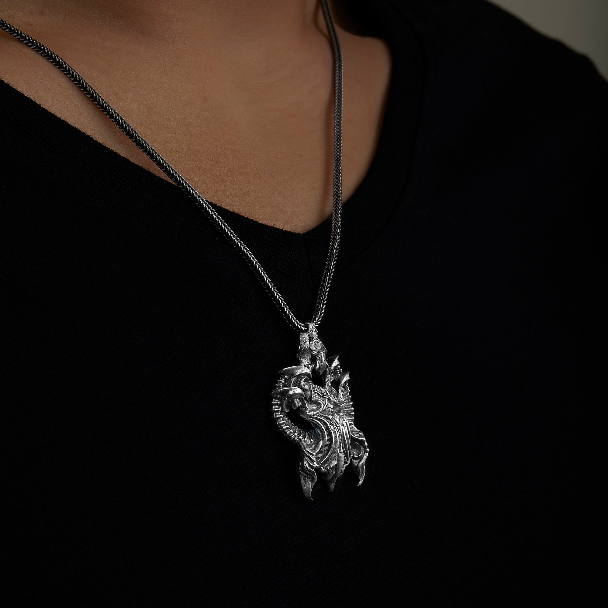 handmade sterling silver Scarab Of Shoggoth Necklace on the neck preview