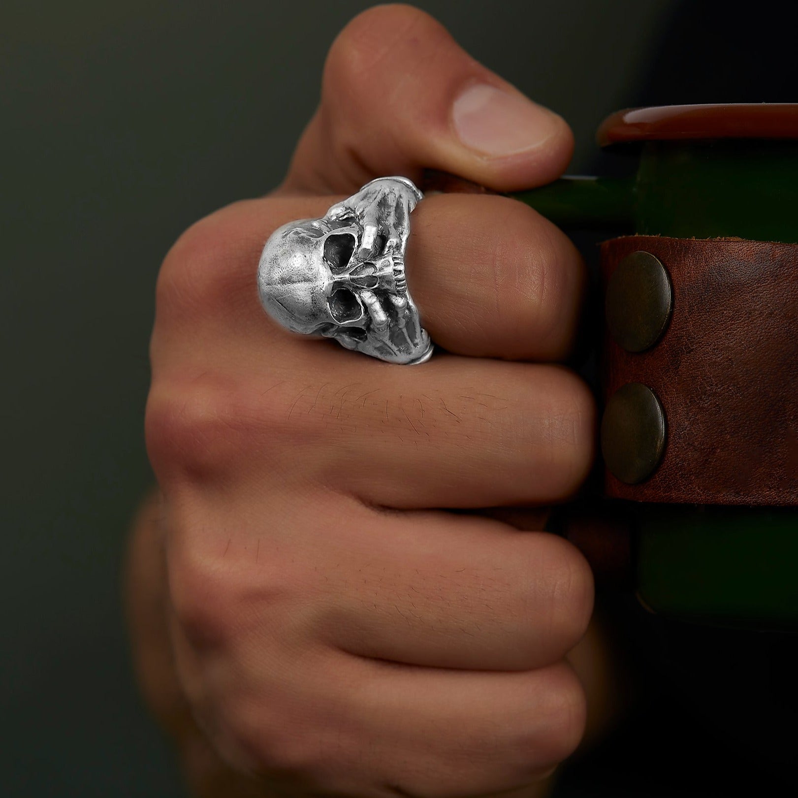 handmade sterling silver Skull Head Ring on the hand preview