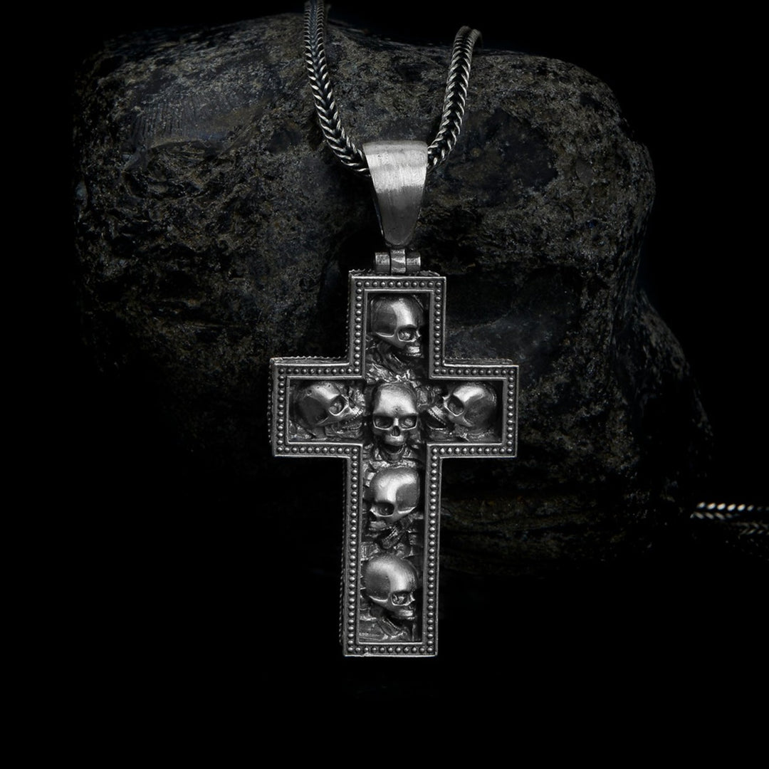 handmade sterling silver Skulls In Cross Necklace