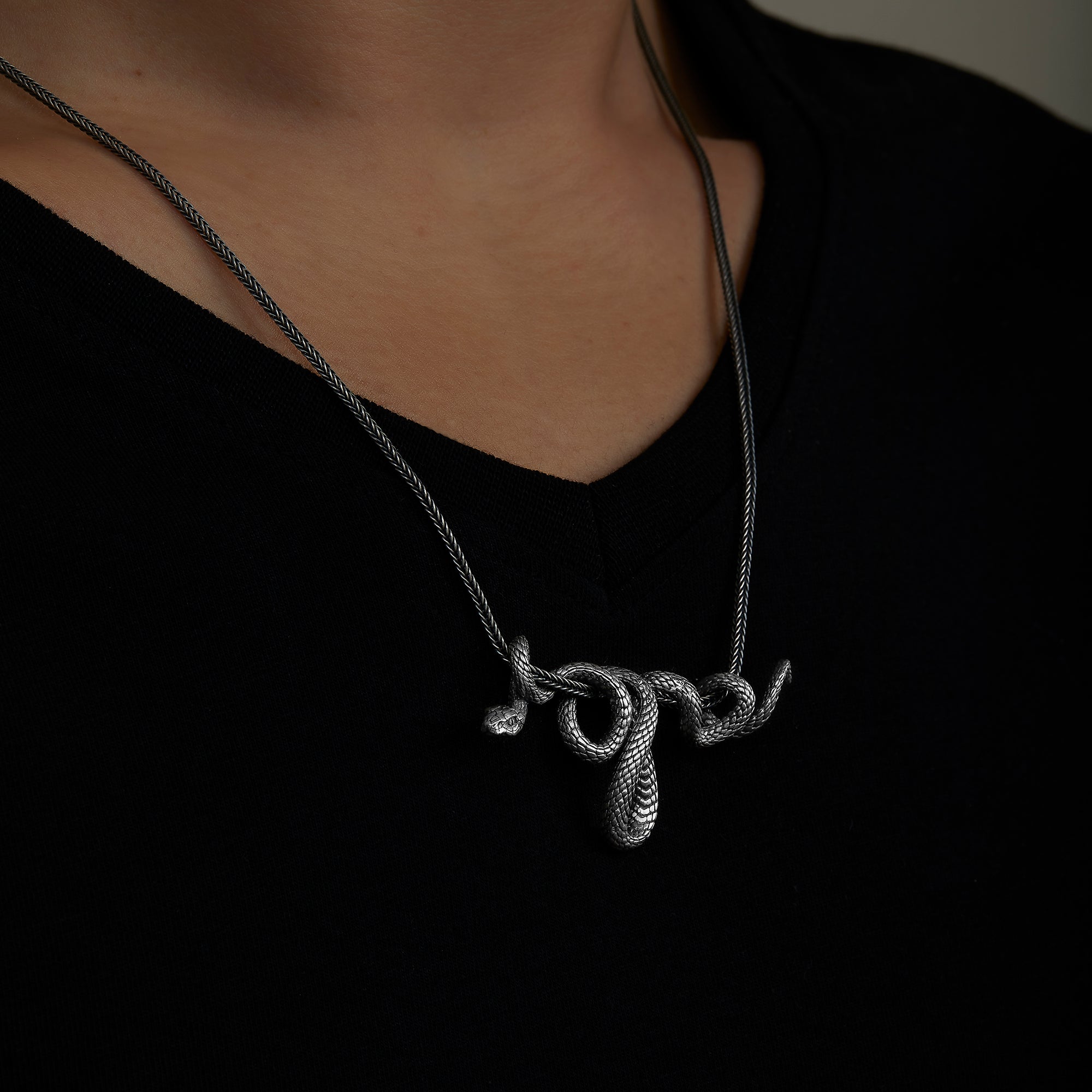 handmade sterling silver Snake Body Necklace on the neck preview