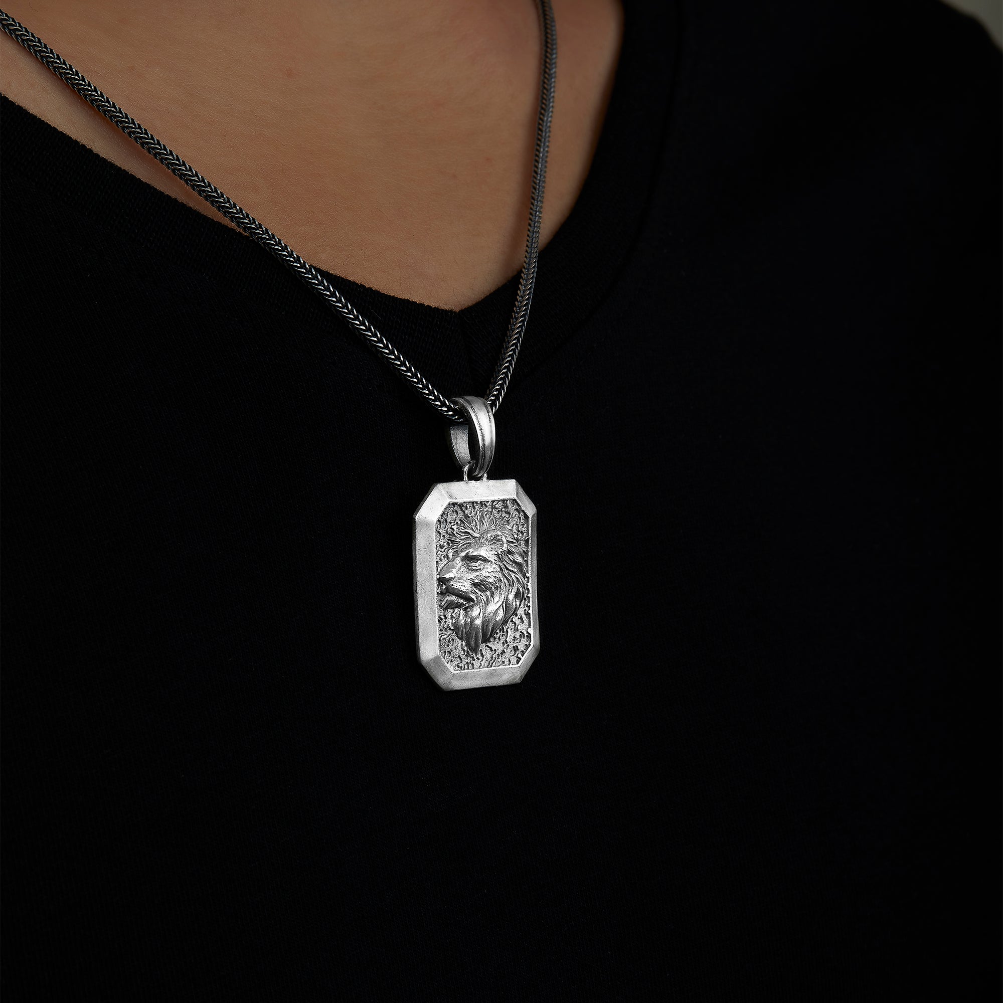 handmade sterling silver Square Lion Head Necklace on the neck preview