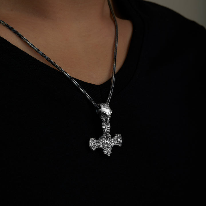 handmade sterling silver Thor Hammer Crow Necklace on the neck preview