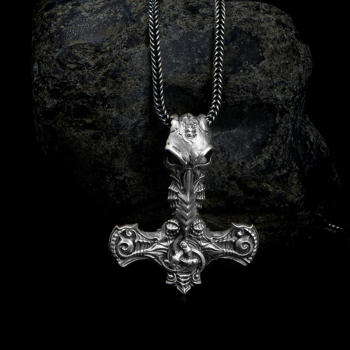 handmade sterling silver Thor Hammer Crow Necklace