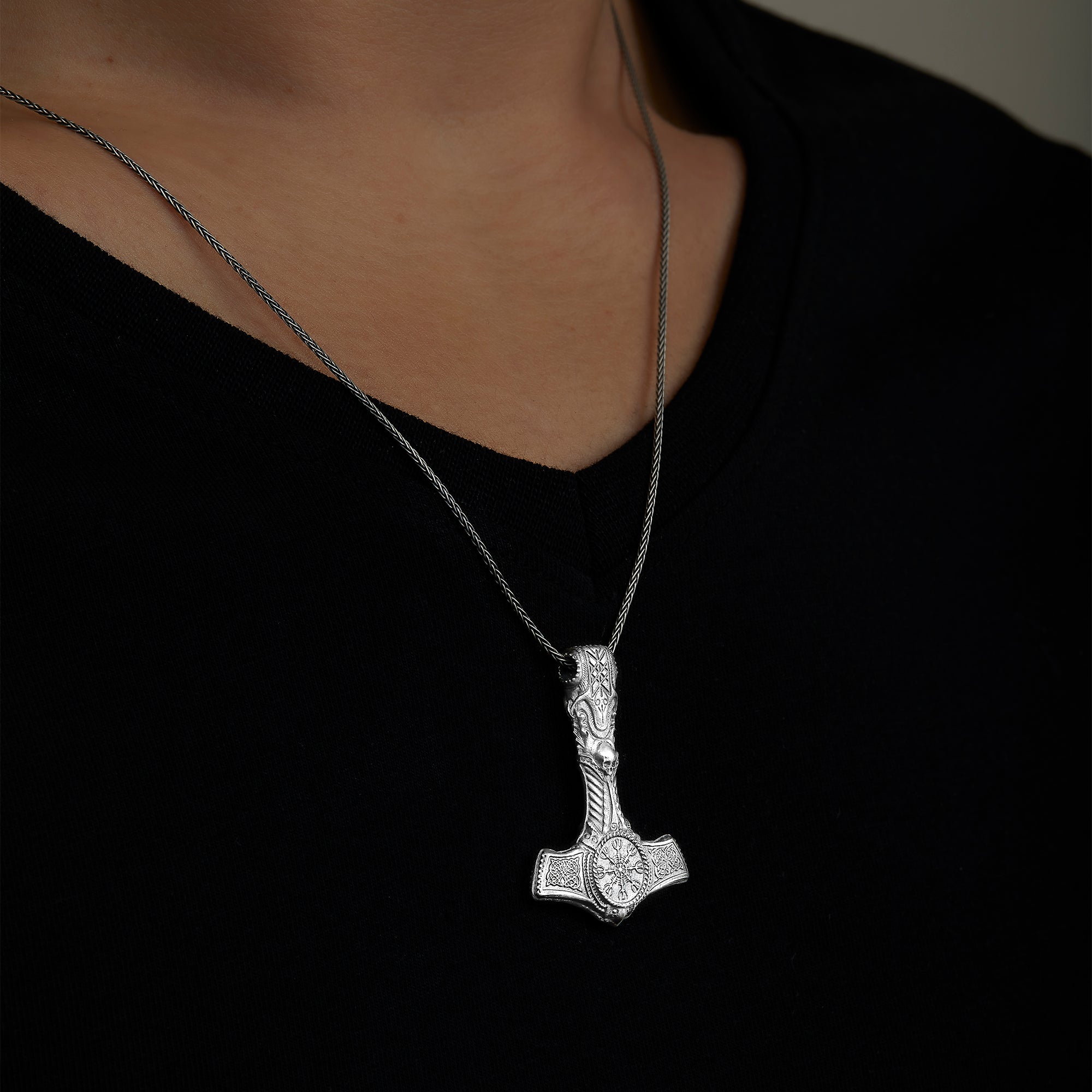 handmade sterling silver Thor Hammer Necklace on the neck preview