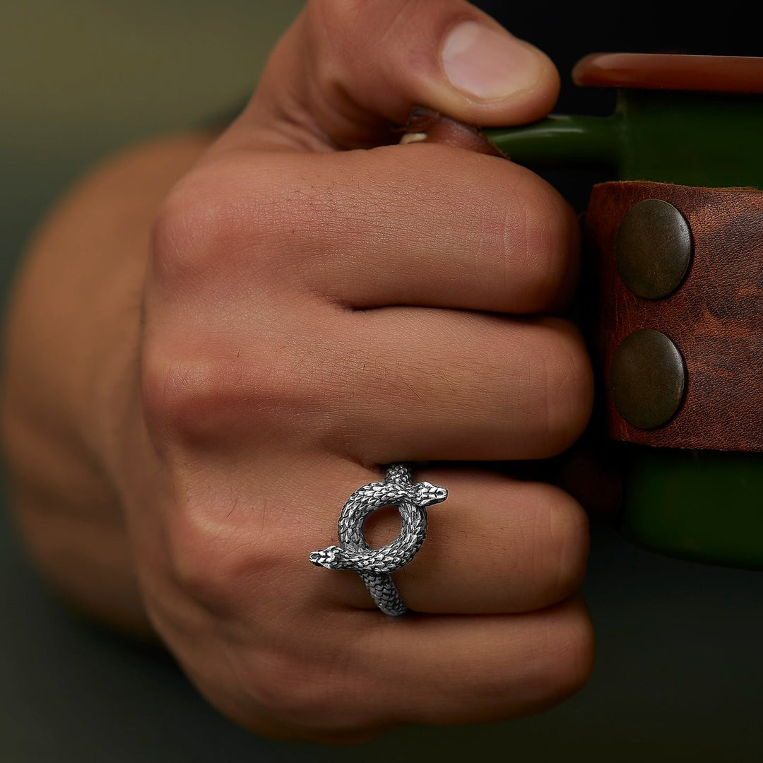 handmade sterling silver Two-Headed Snake Ring on the hand preview