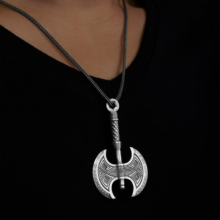 handmade sterling silver Viking Axe Necklace on the neck preview