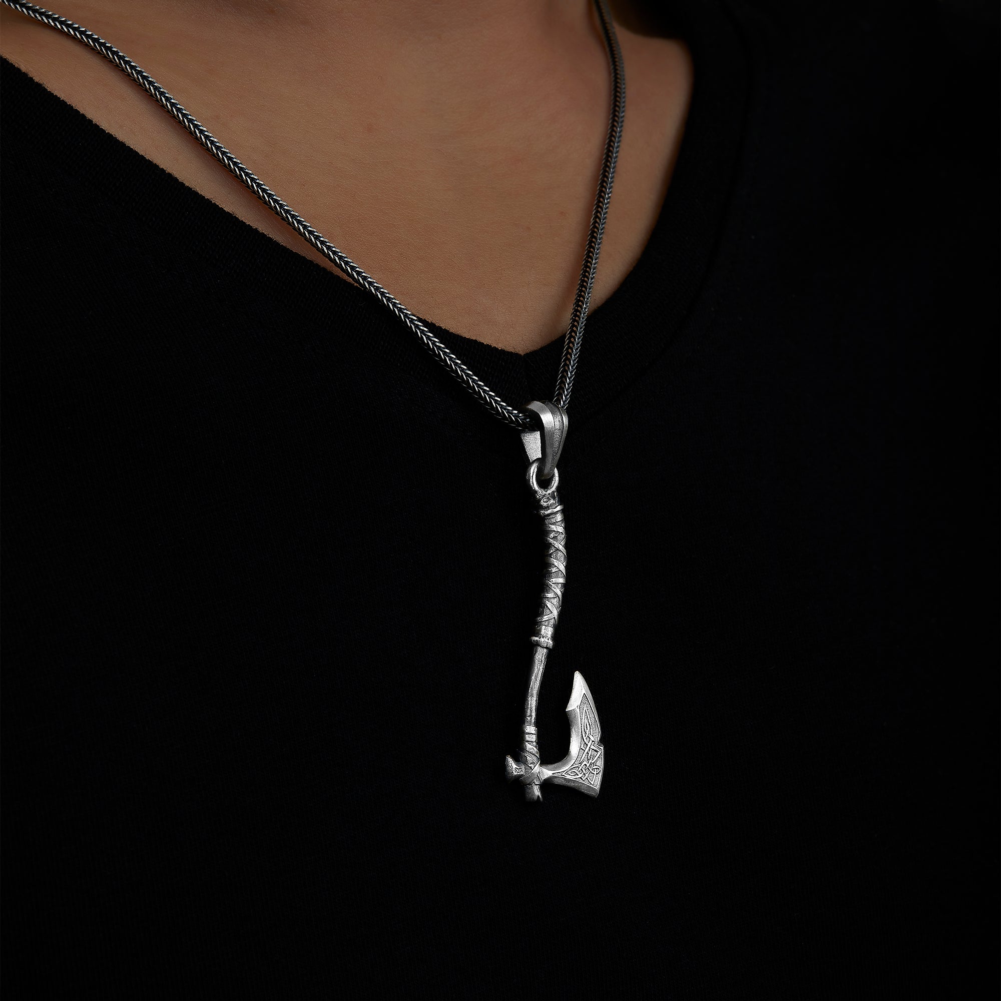 handmade sterling silver Viking Axe Necklace on the neck preview