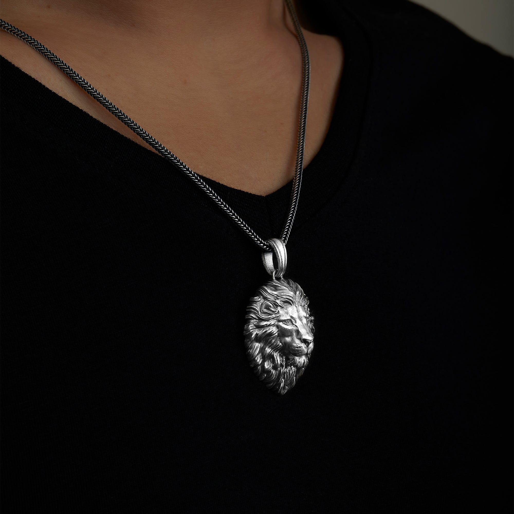 handmade sterling silver Wild Lion Head Necklace on the neck preview