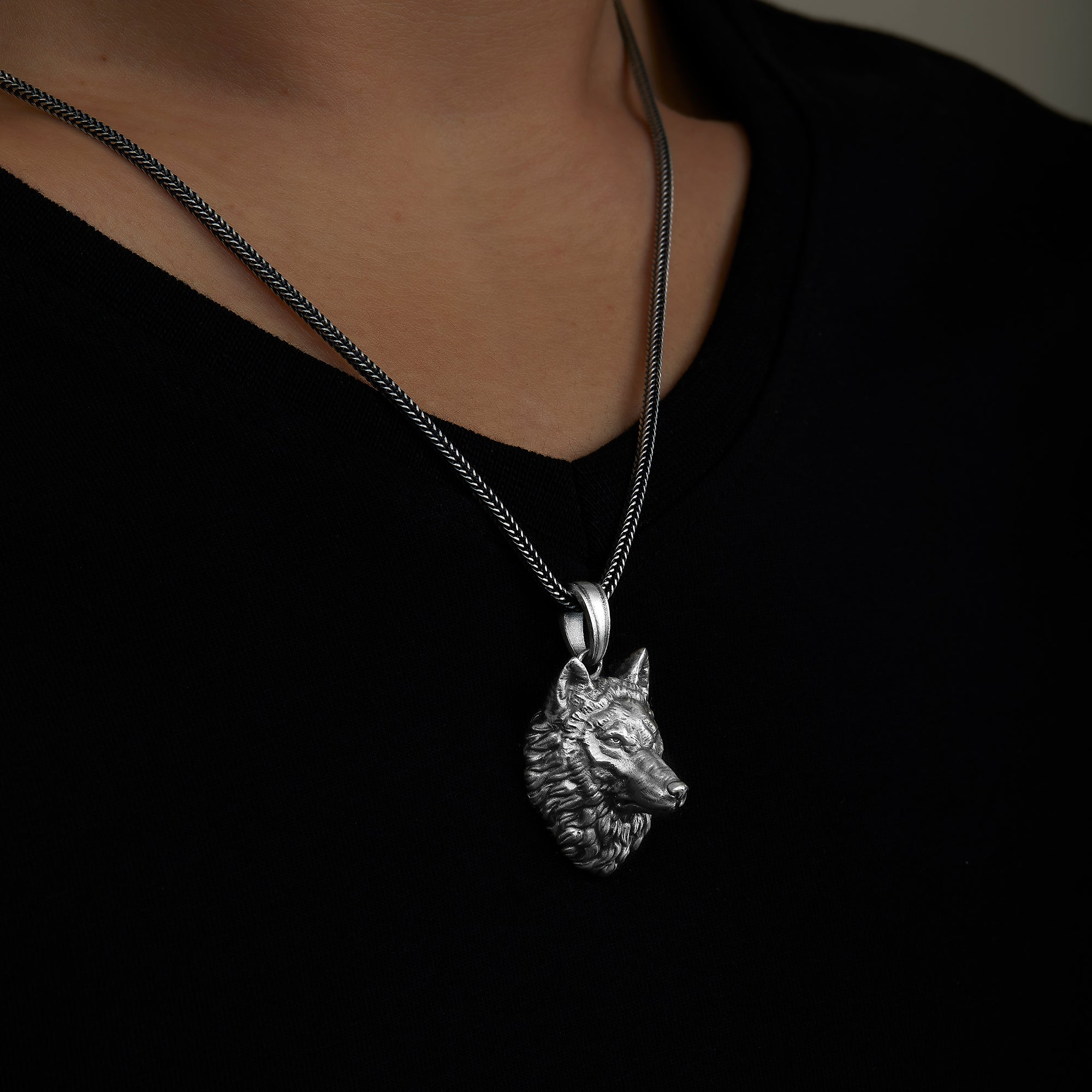 handmade sterling silver Wild Wolf Head Necklace on the neck preview
