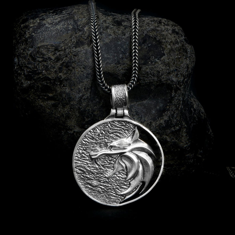 Handcrafted sterling silver Witcher Wolf Necklace, capturing the intricate design of the iconic wolf emblem from the Witcher series.