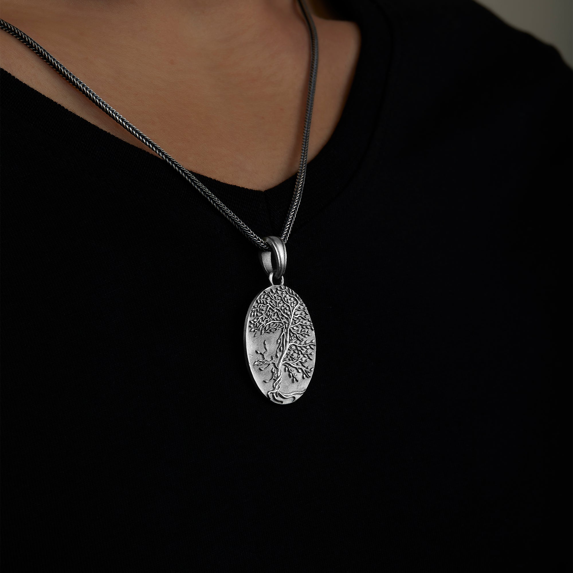 handmade sterling silver Yggdrasil Of Norse Necklace on the neck preview