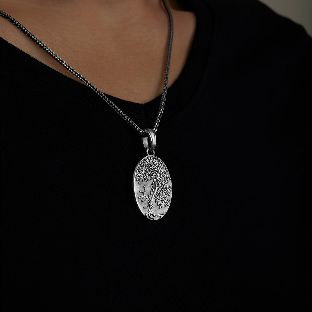 handmade sterling silver Yggdrasil Of Norse Necklace on the neck preview