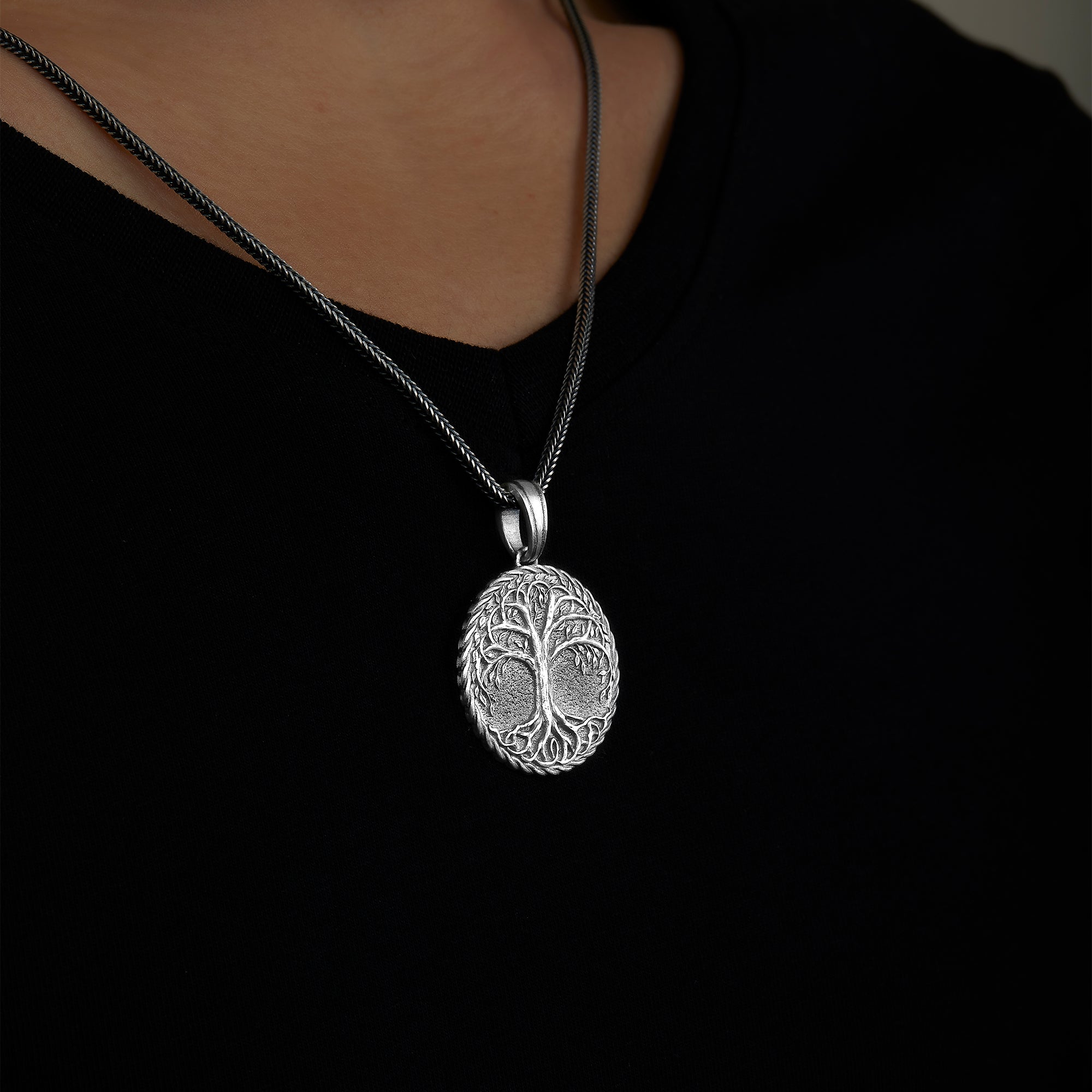 handmade sterling silver Yggdrasill Source Of Life Necklace on the neck preview