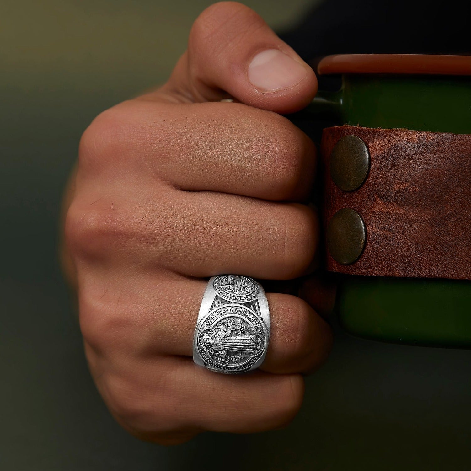 handmade sterling silver St Benedict Medal Ring on the hand preview