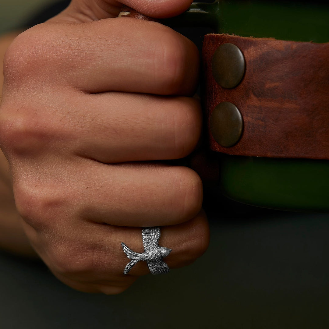 handmade sterling silver Swallow Bird Ring on the hand preview