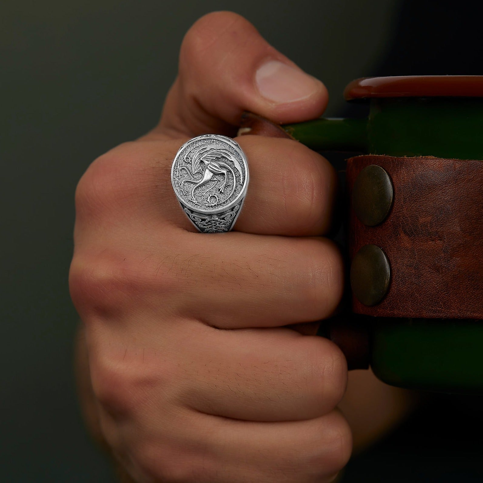 handmade sterling silver Targaryen Dragon Ring  on the hand preview