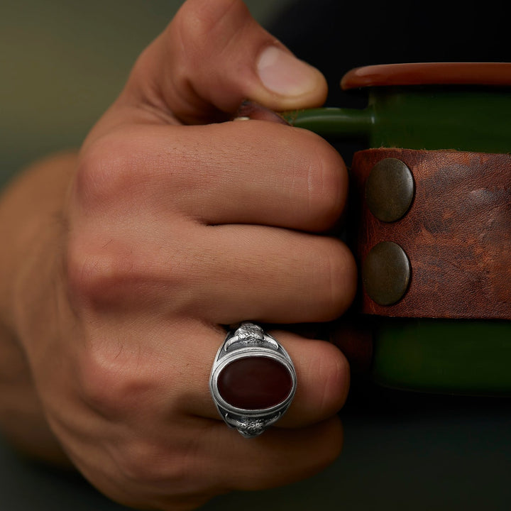 handmade sterling silver Taurus Bull Carnelian Gemstone Ring on the hand preview