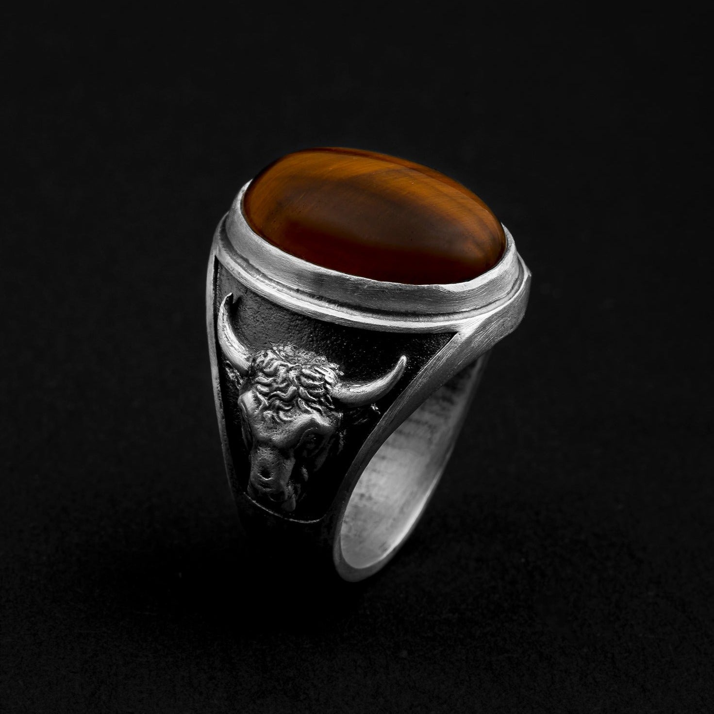 handmade sterling silver Taurus Bull Tiger Eye Gemstone Ring