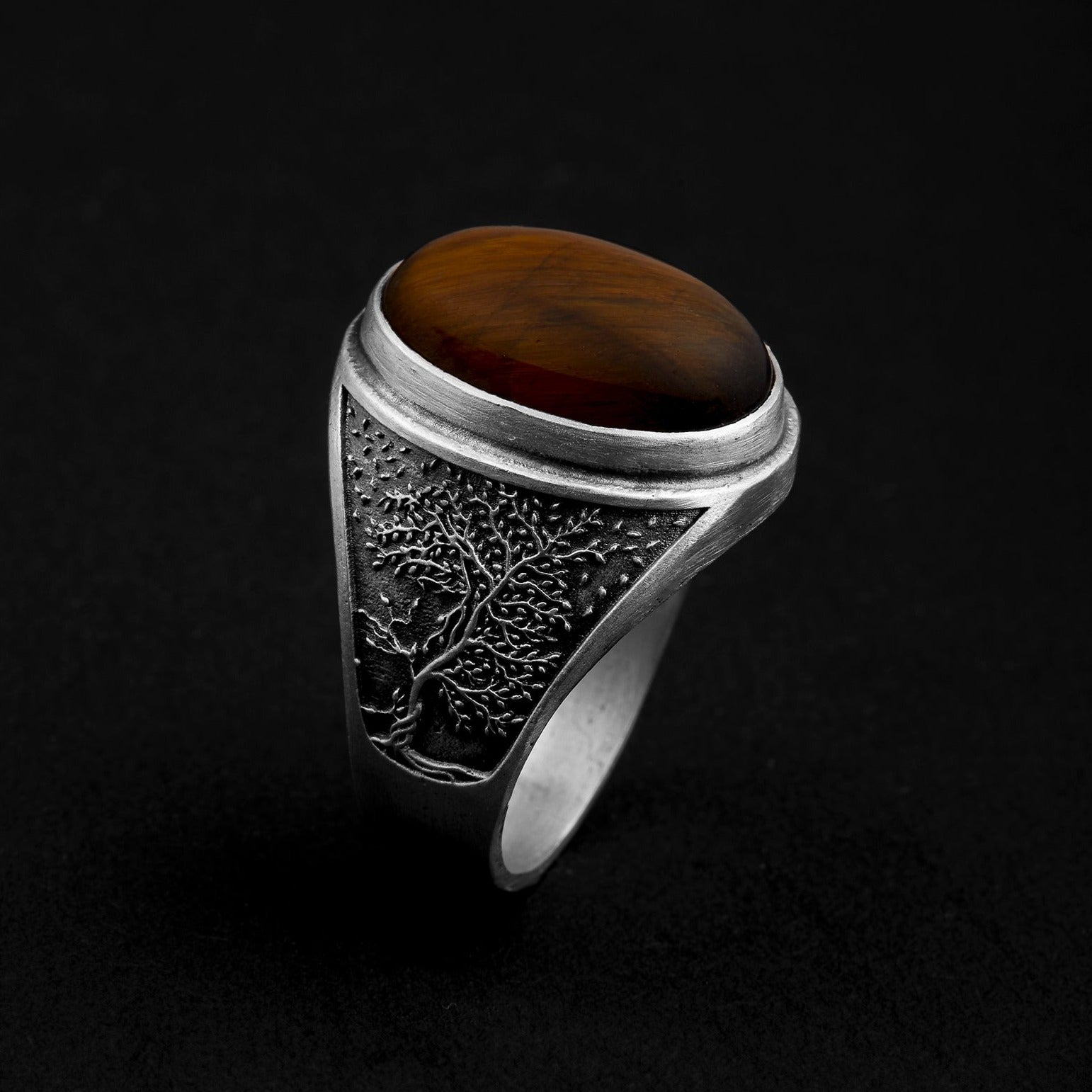 handmade sterling silver Tree Of Life Tiger Eye Gemstone Ring
