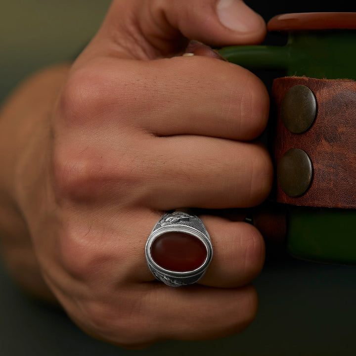 handmade sterling silver Wolf Carnelian Gemstone Ring on the hand preview