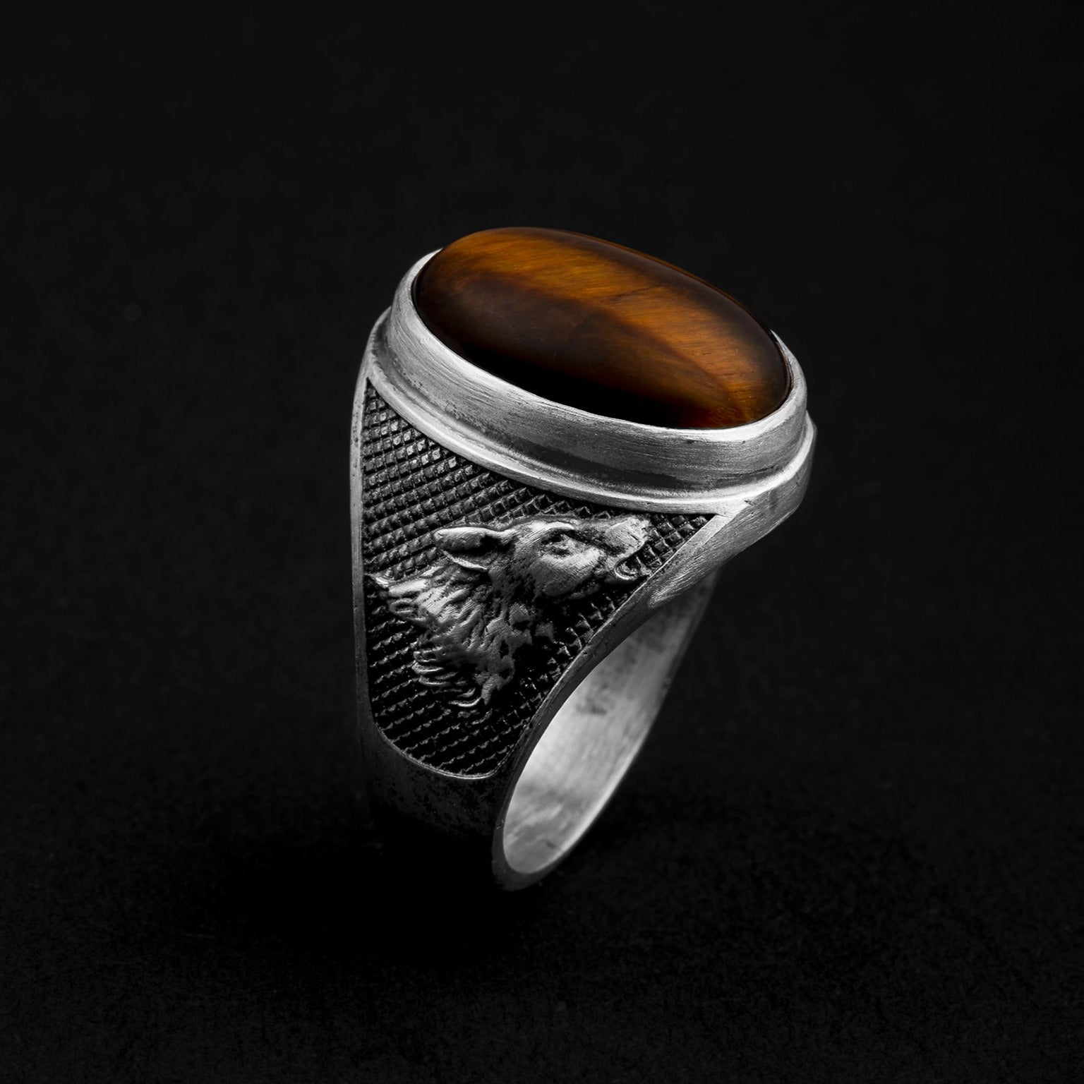 handmade sterling silver Wolf Tiger Eye Gemstone Ring